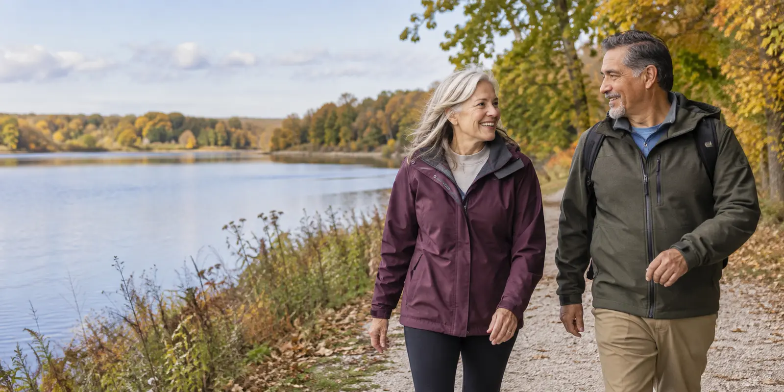 An older couple walking together beside a lake in autumn.