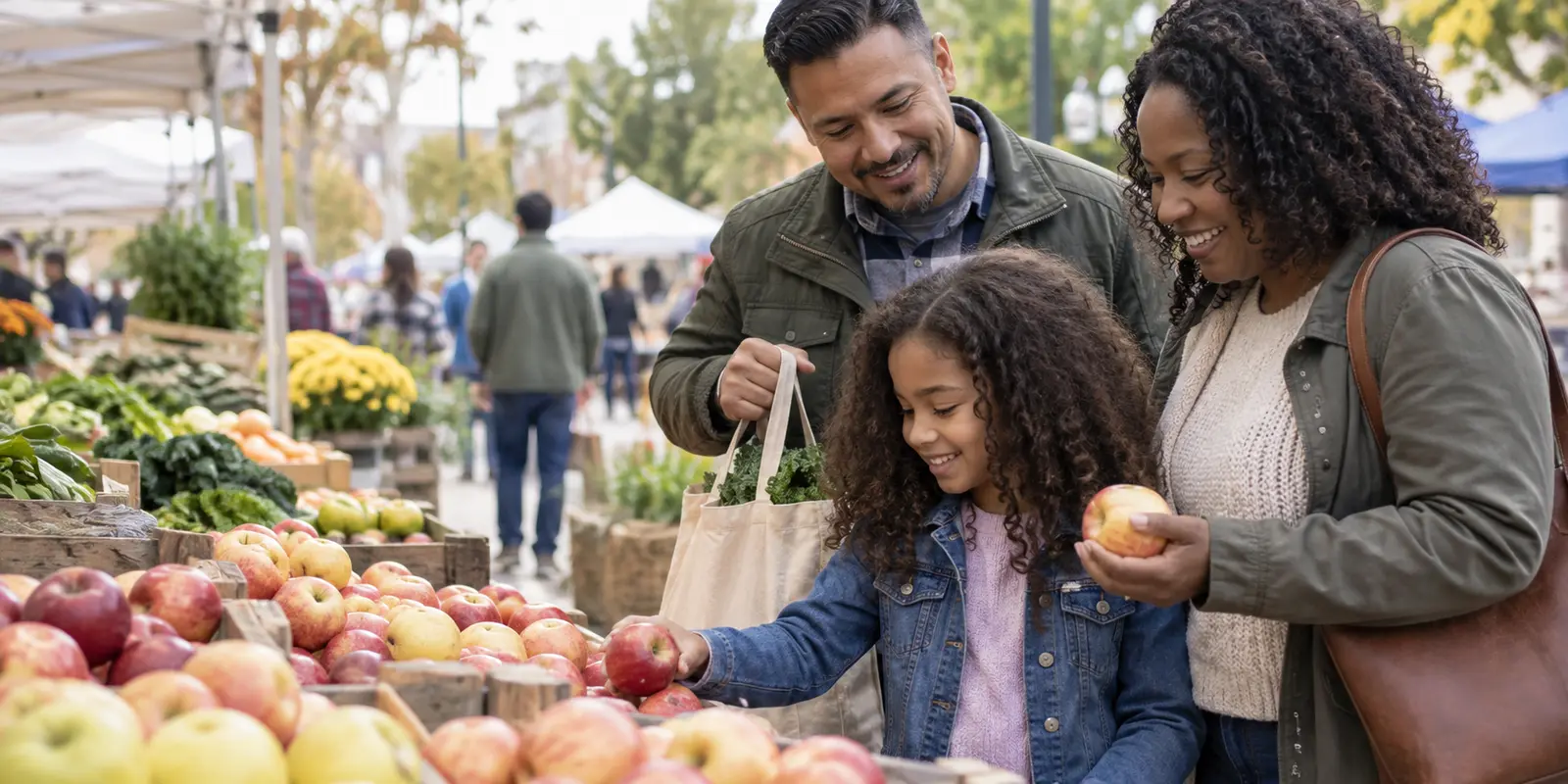 Parents and their daughter choosing apples at an outdoor market.