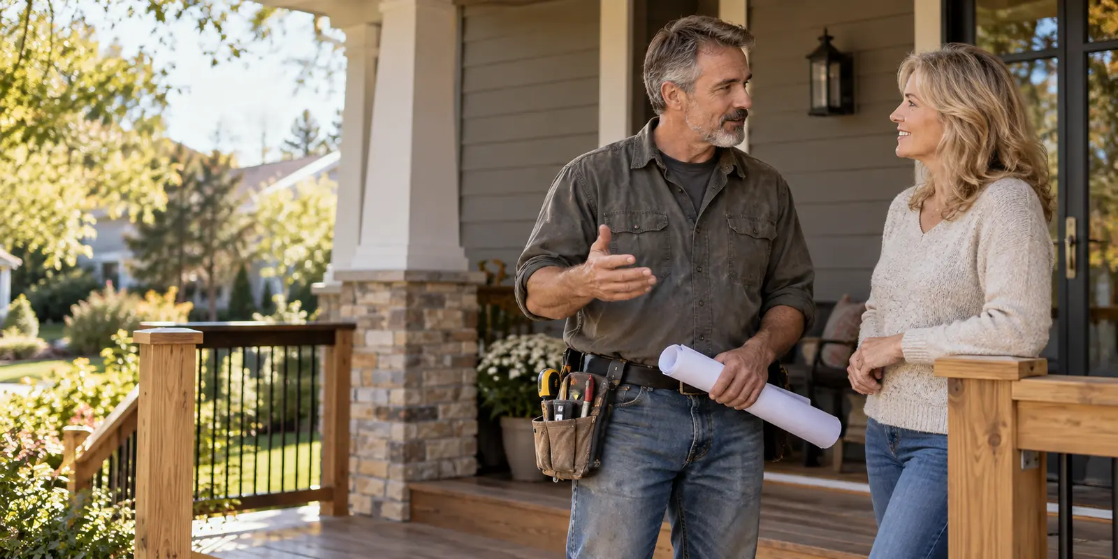 A carpenter discussing a porch project with a homeowner.