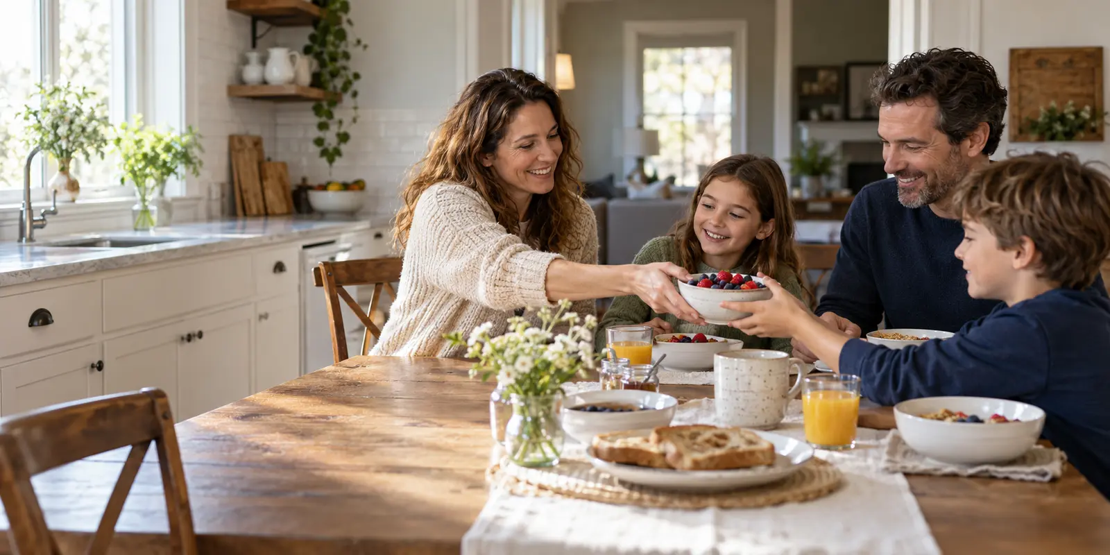 Parents and two children sharing breakfast at their kitchen table.