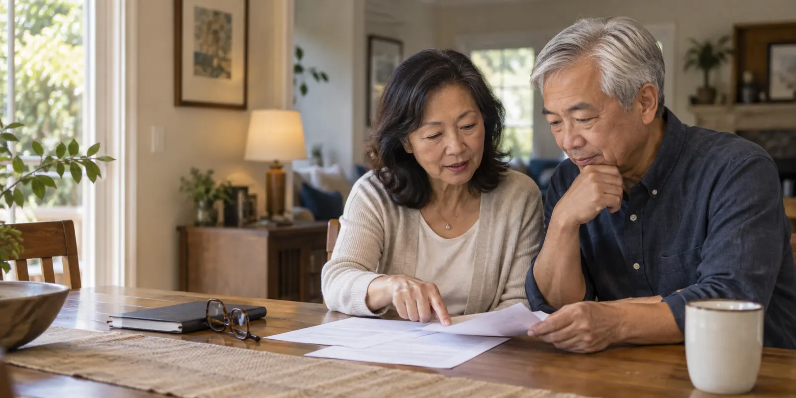 An older couple reviewing paperwork together at home.