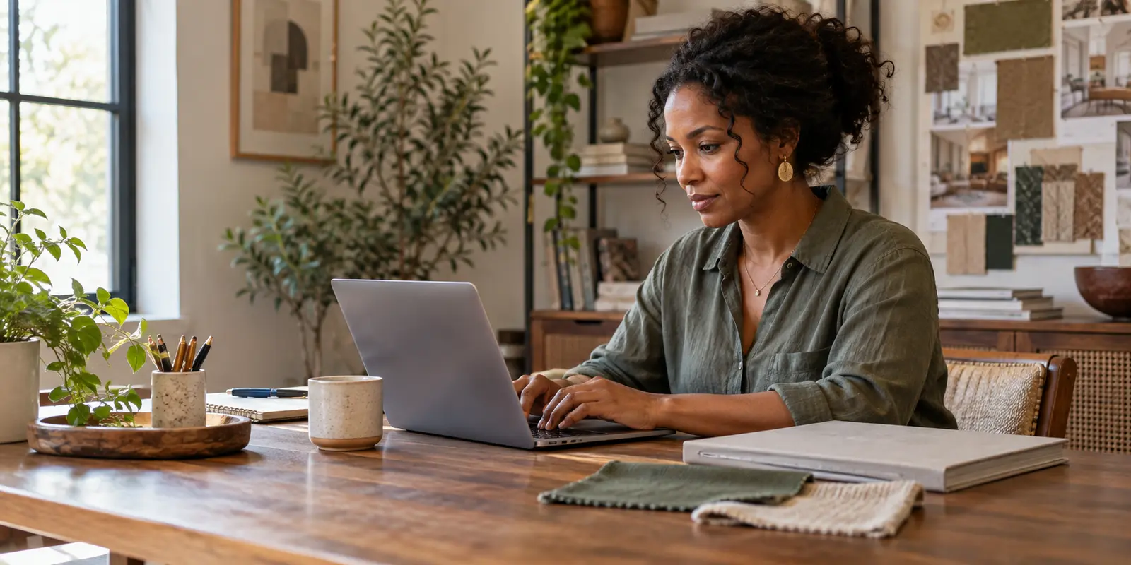 An independent designer working on a laptop in her home studio.