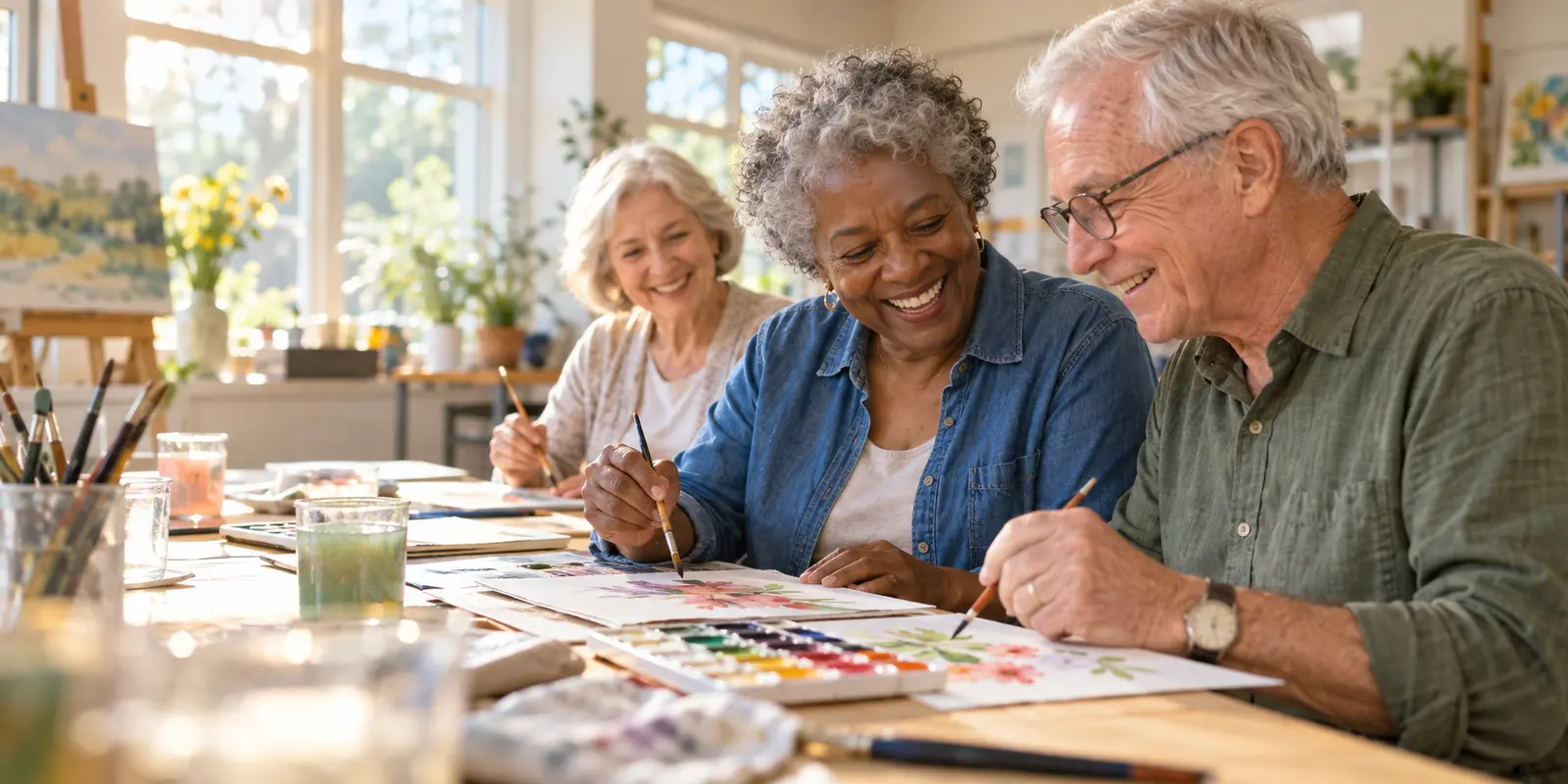 Older adults enjoying a watercolor class together.