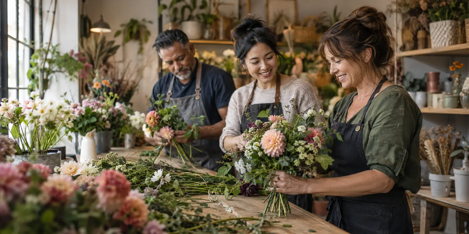 A florist and two colleagues arranging flowers in their shop.