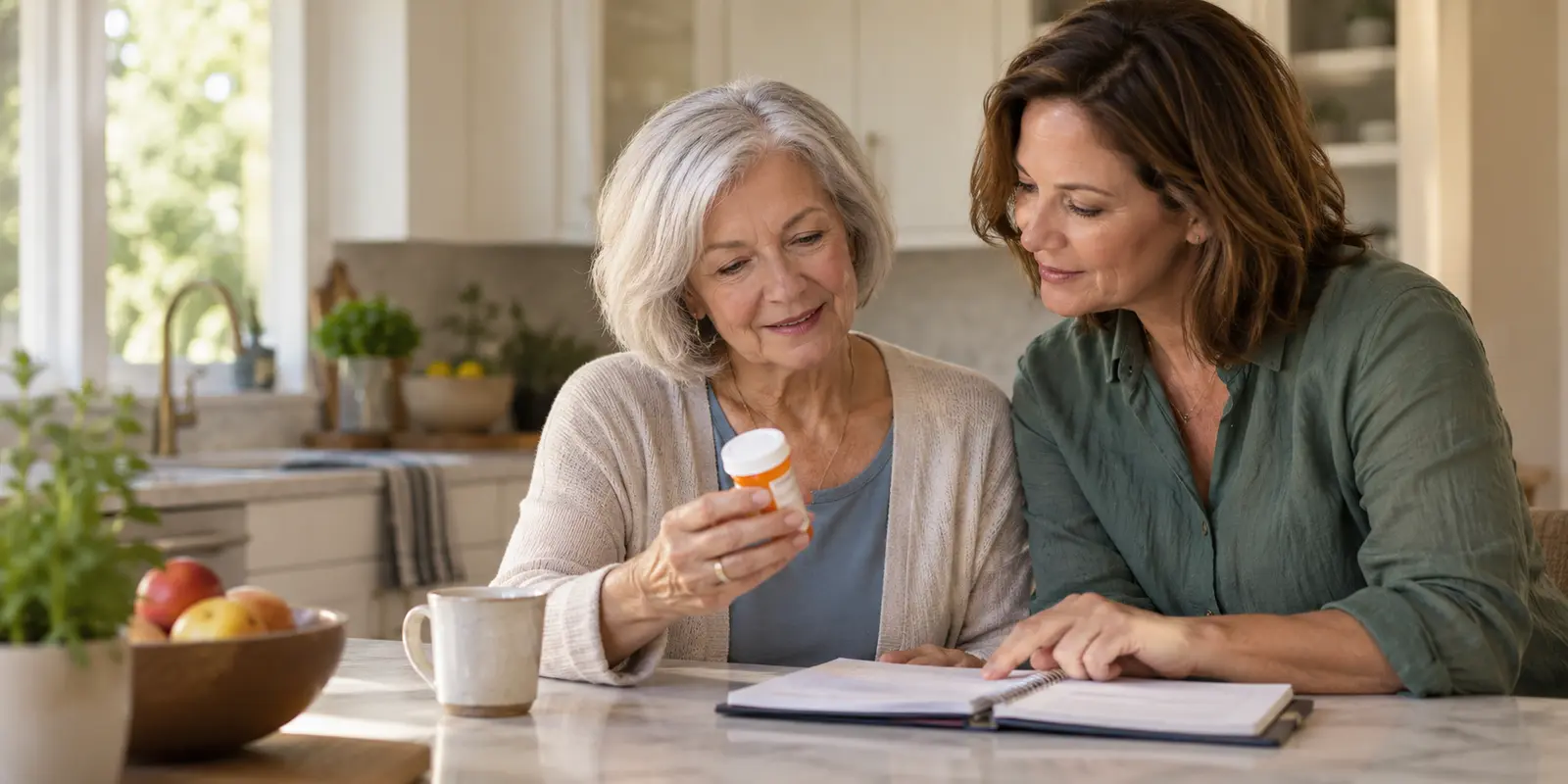 An older woman and her adult daughter checking a prescription bottle and notebook.