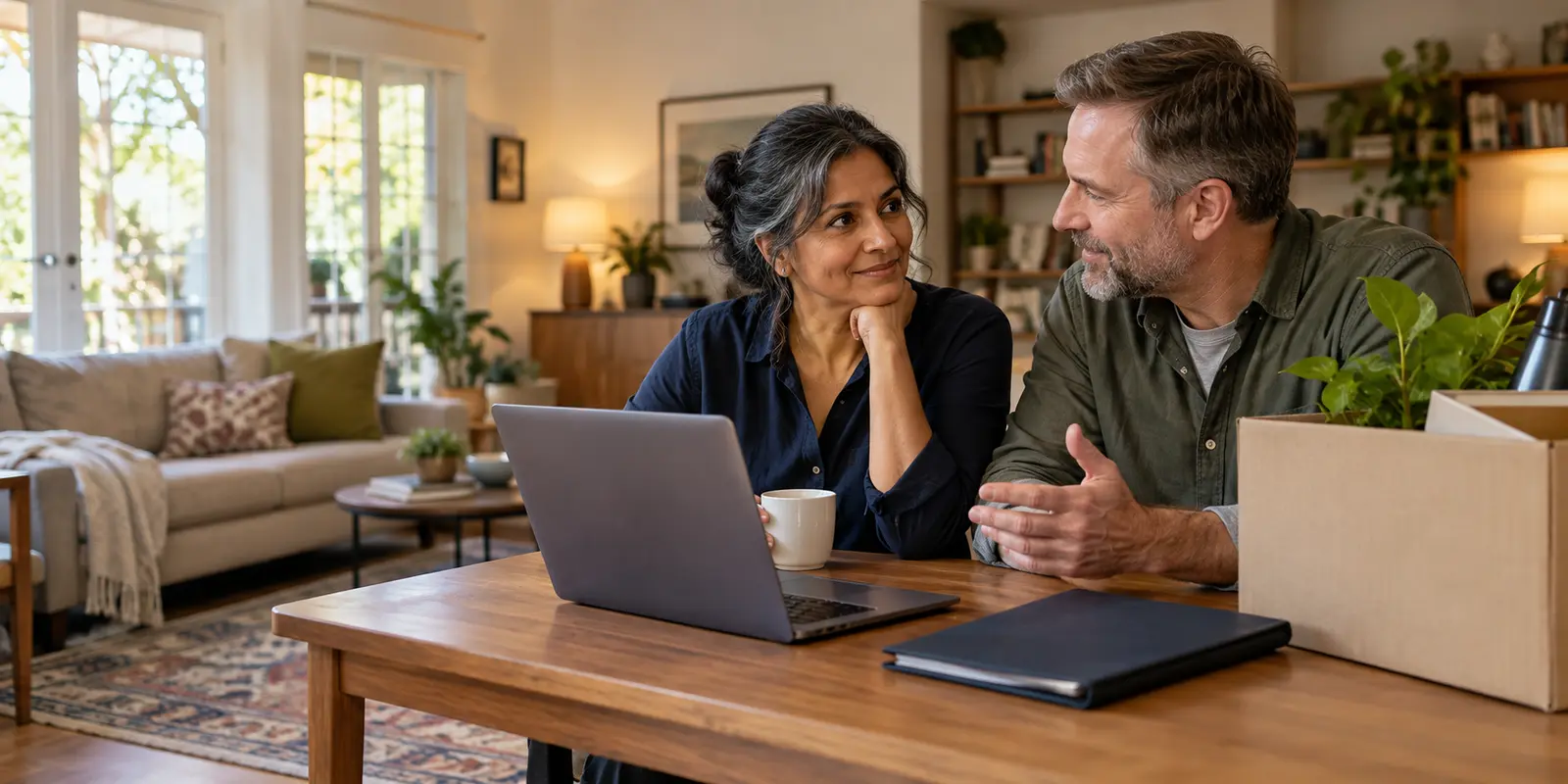 A couple discussing their next steps at a laptop at home.