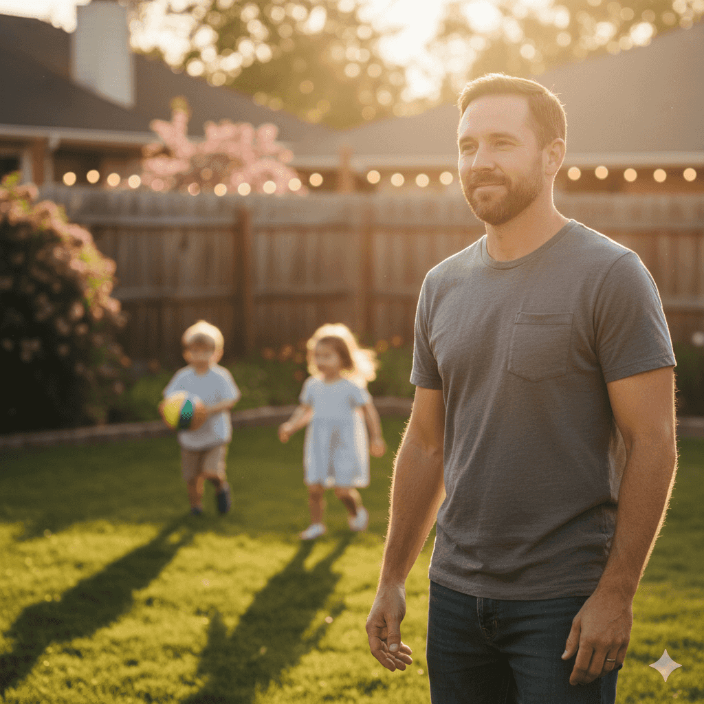 Father playing with kids in backyard