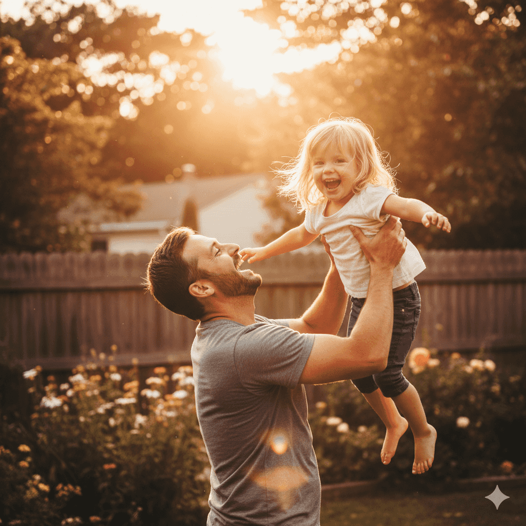 Father joyfully lifting daughter in backyard at sunset