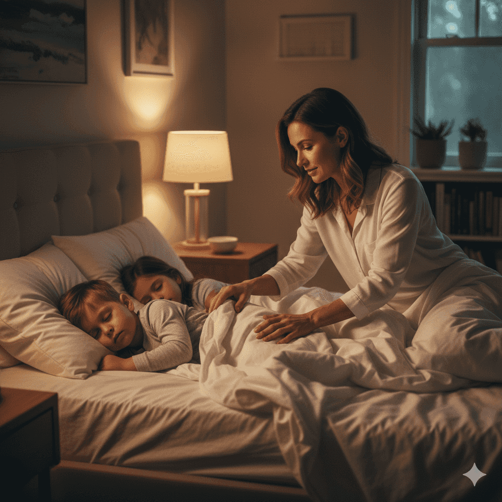 Mother tucking children into bed