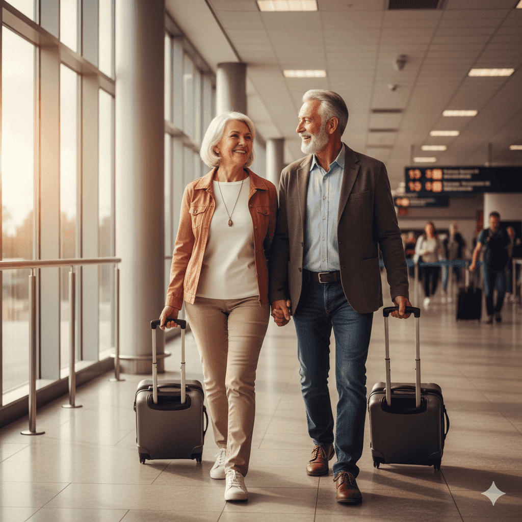 Senior couple walking through airport terminal