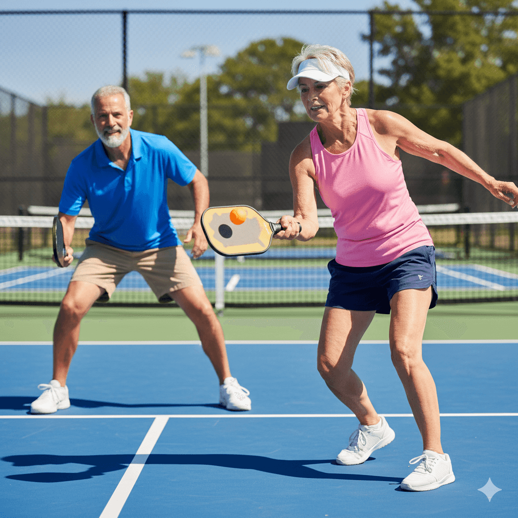 Active seniors playing pickleball