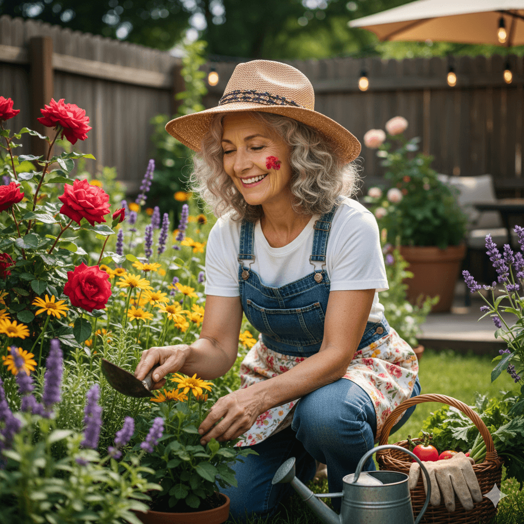 Woman happily gardening in her backyard