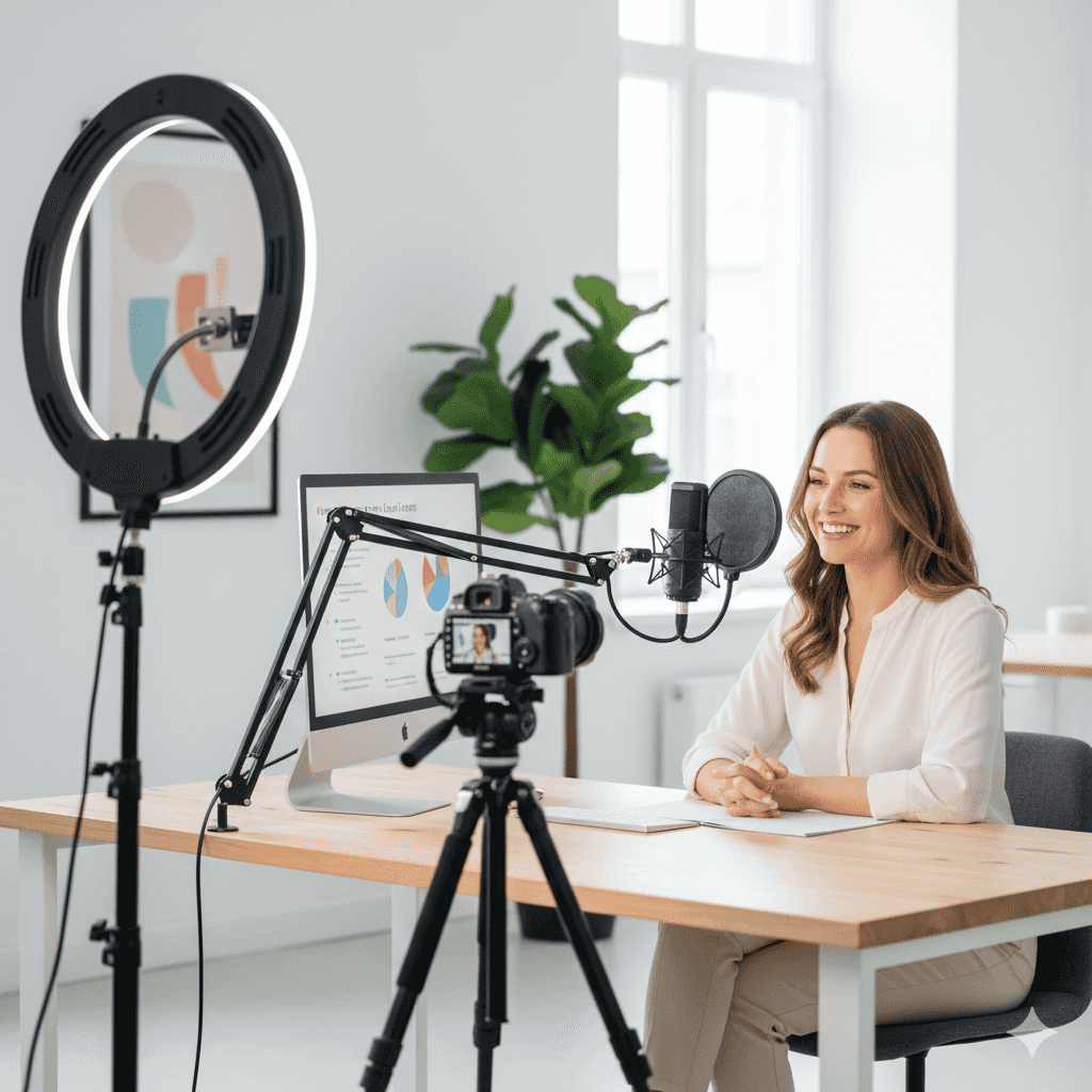 Woman hosting an educational insurance podcast