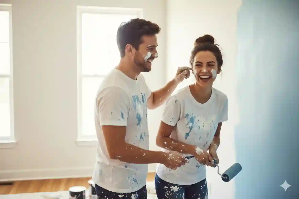 Young couple painting their home